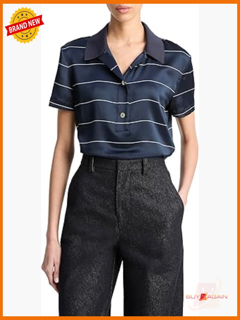 Womens Knit Collar Stripe Polo Short Sleeve Silk Blend